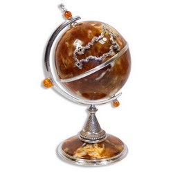 Сувенир Глобус, d8 см, h15,5 см, в подар. коробке, янтарь, серебро