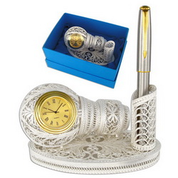Настольный набор с часами Лампочка, в подарочной упаковке, медь, латунь, посеребрение