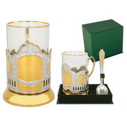 Набор чайный:подстаканник с местом под ЛОГО(никель,позолота), стакан, ложка, в подарочной коробке