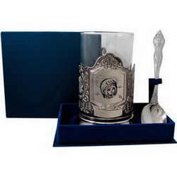 Набор чайный Космонавт: подстаканник (никель, чернение) с гравировкой, стакан, ложка, в подарочно