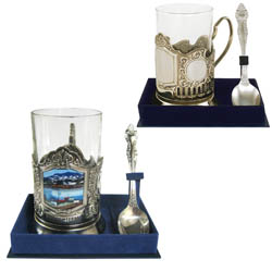 Набор чайный: подстаканник с местом под ЛОГО (никель, чернение), стакан, ложка, в подарочной коробке
