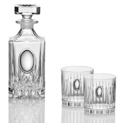 Набор для виски: штоф и 2 стакана с шильдом под логотип, хрусталь, покрытие - серебро, в подарочной коробке, Италия