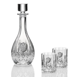 Набор для виски: штоф и 2 стакана с гербом России, хрусталь, покрытие - серебро, в подарочной коробке, Италия