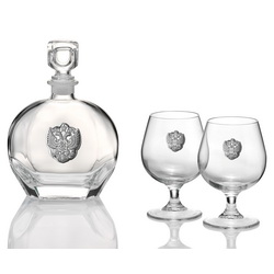 Набор для коньяка: штоф и 2 бокала с гербом России, хрусталь, покрытие - серебро, в подарочной коробке, Италия