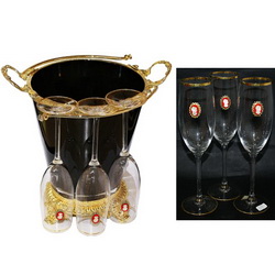 Набор для шампанского Камея: 6 фужеров для шампанского и ведро для льда, хрусталь, посеребрение, с