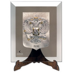 Панно Герб России, стекло, мраморная крошка, посеребрение, позолота, на деревянной подставке, цвет прозрачный