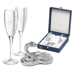 Набор для шампанского с сувениром Змейка, хрустальное стекло, стразы Swarovski, покрытие - серебро, Италия