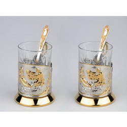 Набор: 2 стакана с подстаканниками Охотники на привале, серебро 925
