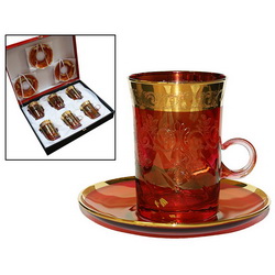 Набор чайный "Fuoco" на 6 персон, хрустальное стекло, позолота, Италия, в подарочной коробке, цвет красный