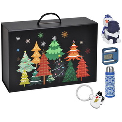 Подарочный набор "Синий иней" в коробке-чемодане с новогодним рисунком: термос 0,5 л (металл) в вязанном чехле, брелок-снеговик (металл), часы с термометром и функцией подставки для скрепок и записок, пластик, мягкая игрушка "Снеговик с пле