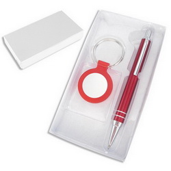 Ручка шариковая и брелок, металл, акрил, красный