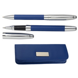 Набор "Турин": ручка шариковая и роллер, металл,кожзам, в подарочной коробке с шильдом, цвет синий