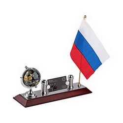 Подставка под визитки с флагом России и глобусом коричневый