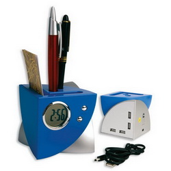 Часы - USB Hub на 4 порта-подставка под ручки и визитки, синий