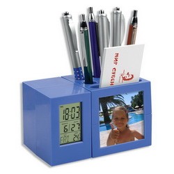 Часы-термометр-календарь-фоторамка 7х7 см, подставка под ручки, синий