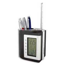 Часы-календарь-термометр-радио-подставка для ручек, черный