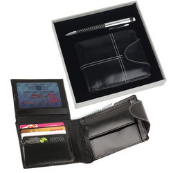 Набор: портмоне с отделением для документов и мелочи , шариковая ручка-флэш-карта, 4 Gb, кожа, метал