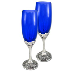 Набор из 2-х фужеров для шампанского по 250 мл, стекло, металл, никелево-серебряное покрытие, цвет синий