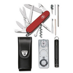 Набор путешественника Victorinox (нож 14 функций, фонарь,компас-линейка-термометр), в кожаном чехле, красный