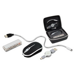 Набор компьютерный: оптическая мышь с USB разъемом, HUB на 4 порта, лампа и переходник, в футляре, цвет черный