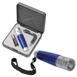 Фонарик с ланьярдом и батарейкой, в подарочной коробке, пластик, металл, цвет синий